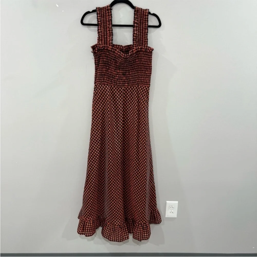 Ganni Dress Seersucker Midi Smocked in Flame Check Red
